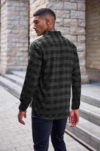Men's Dark Grey Checkered Plaid Brushed Flannel Long Sleeve Shirt