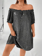Load image into Gallery viewer, Curvy Plus Black Sequin Strapless Ruffle Trim Mini Dress