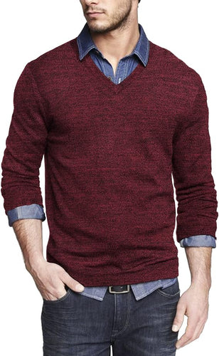 Men's Soft Knit Burgundy Red V Neck Long Sleeve Sweater