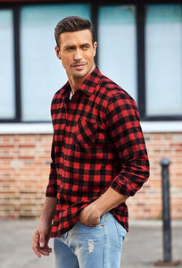 Men's Dark Grey Checkered Plaid Brushed Flannel Long Sleeve Shirt