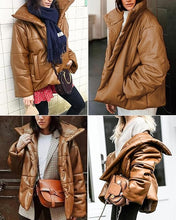 Load image into Gallery viewer, Fashionable Caramel Brown Padded Vegan Leather Long Sleeve Puffer Jacket