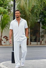 Load image into Gallery viewer, Men&#39;s Soft Knit White Short Sleeve Button Shirt &amp; Pants Set
