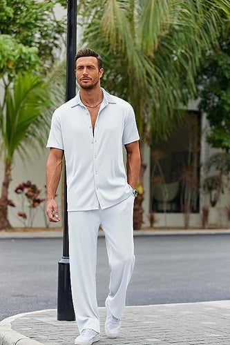 Men's Soft Knit White Short Sleeve Button Shirt & Pants Set