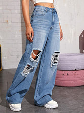 Load image into Gallery viewer, Blue Denim Ripped Loose Fit Wide Leg Jeans