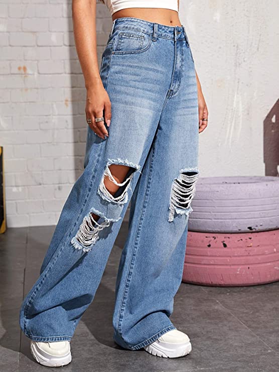 Blue Denim Ripped Loose Fit Wide Leg Jeans