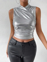 Load image into Gallery viewer, Silver Metallic Cross Draped Sleeveless Top