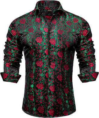 Men's Luxury Red & Green Floral Long Sleeve Shirt