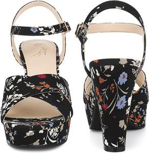 Blue Floral Platform Heel Sling Back Sandals