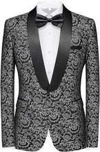 Load image into Gallery viewer, Men&#39;s Black/Purple Tuxedo Shawl Collar Paisely 3pc Formal Suit