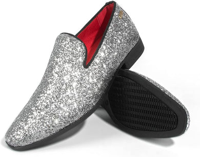 Men's Silver Sparkle Sequin Loafer Dress Shoes
