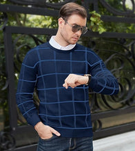 Load image into Gallery viewer, Men&#39;s Knitted Checkered Long Sleeve Light Blue Sweater