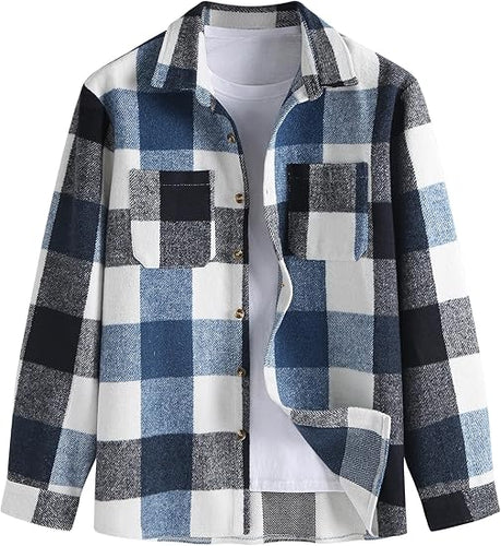 Men's Plaid Button Flannel Deep Blue Long Sleeve Shacket