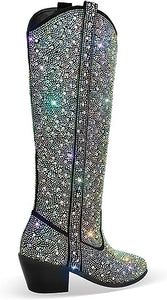 Rhinestone Knee High Sequin Silver Cowboy Boots