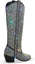 Load image into Gallery viewer, Rhinestone Knee High Sequin Mid-silver Cowboy Boots