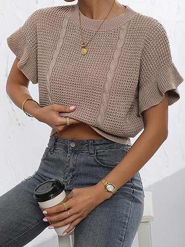 Modern Ribbed Knit Khaki Beige Short Sleeve Sweater