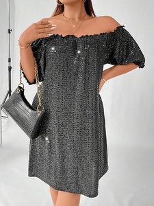 Curvy Plus Black Sequin Strapless Ruffle Trim Mini Dress