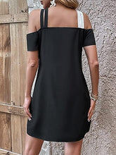 Load image into Gallery viewer, Black &amp; White Color Block Cold Shoulder Mini Dress