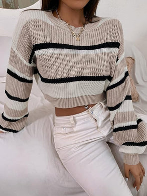 Striped Beige Loose Fit Knit Long Sleeve Cropped Sweater Top