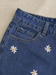 High Waist Dark Blue Sunflower Denim Shorts