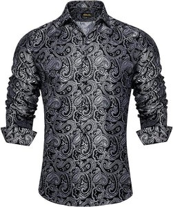 Men's Luxury Black Silk Printed & Black Paisley Long Sleeve Shirt