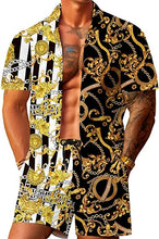 Load image into Gallery viewer, Men&#39;s Luxury Printed Gold/White Striped Shirt &amp; Shorts Set