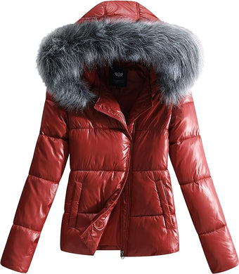 Luxurious Red Hooded Long Sleeve Puffer Faux Fur Hooded Coat