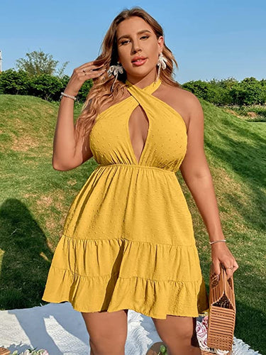 Summer Chic Plus Size Yellow Floral Halter Mini Dress