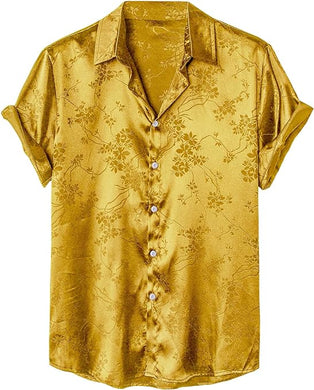 Men's Satin Gold Floral Short Sleeve Button Down Shirt
