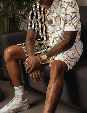 Men's Luxury Printed Gold/White Striped Shirt & Shorts Set