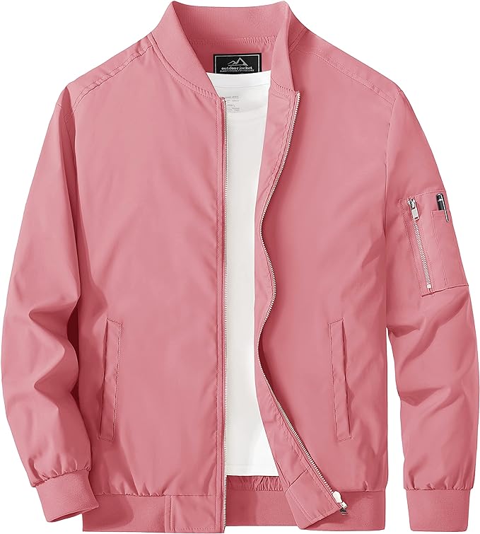 Men's Pink Windproof Long Sleeve Zip Up Bomber Jacket