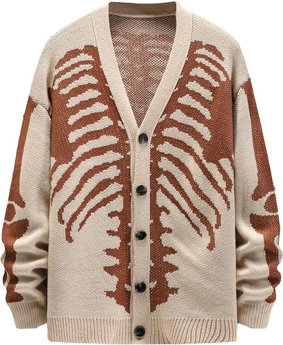 Men's Beige Skeleton Print Knit Button Cardigan Sweater