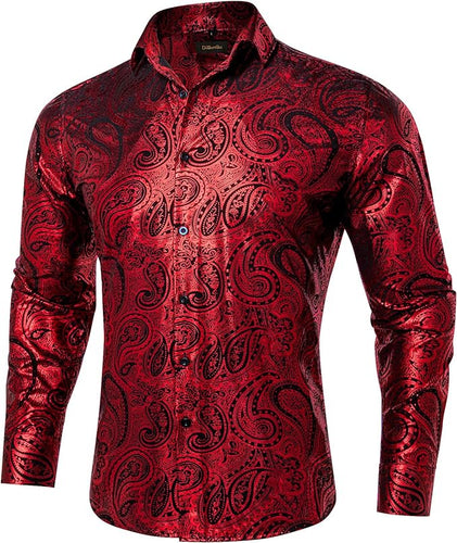 Men's Luxury Holiday Red Paisley Long Sleeve Shirt