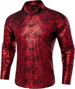Men's Luxury Holiday Red Paisley Long Sleeve Shirt
