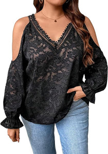 Plus Size Black Lace V Neck Cut Out Sleeve Top