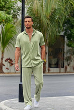 Load image into Gallery viewer, Men&#39;s Soft Knit Green Short Sleeve Button Shirt &amp; Pants Set