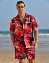 Load image into Gallery viewer, Men&#39;s Black/White Print Summer Button Up Shorts &amp; Shirt Set