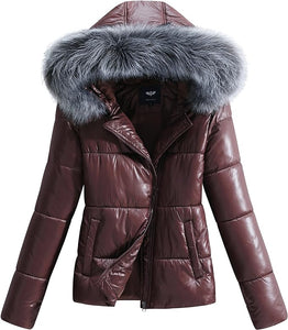 Luxurious Red Hooded Long Sleeve Puffer Faux Fur Hooded Coat