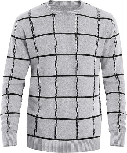 Men's Knitted Checkered Long Sleeve Light Gray Sweater