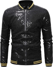 Load image into Gallery viewer, Men&#39;s Glitter Sequin Zip Up Blue Bomber Jacket