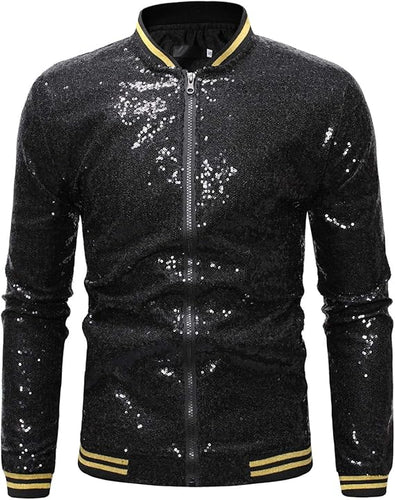 Men's Glitter Sequin Zip Up Black  Bomber Jacket