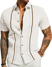 Load image into Gallery viewer, Men&#39;s Cuban Style Striped Short Sleeve White Shirt