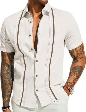 Men's Cuban Style Striped Short Sleeve White Shirt