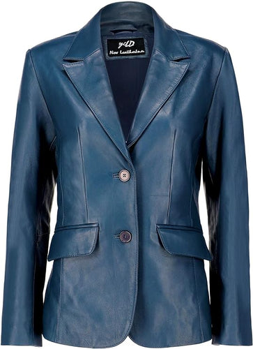 Women's Teal Blue Lambskin Leather Long Sleeve Jacket