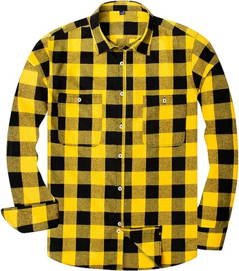 Men's Plaid Flannel Yellow/Black Long Sleeve Button Down Casual Shirt