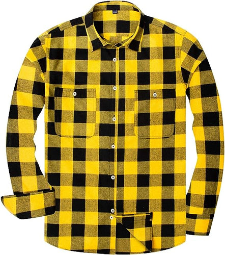 Men's Plaid Flannel Yellow/Black Long Sleeve Button Down Casual Shirt