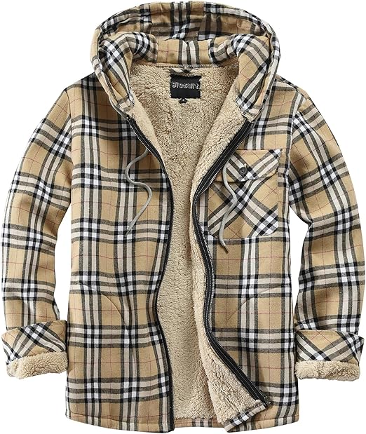 Men's Hooded Plaid Khaki Flannel Jacket