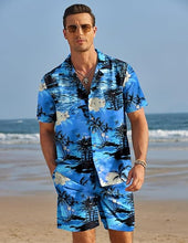 Load image into Gallery viewer, Men&#39;s Black/White Print Summer Button Up Shorts &amp; Shirt Set