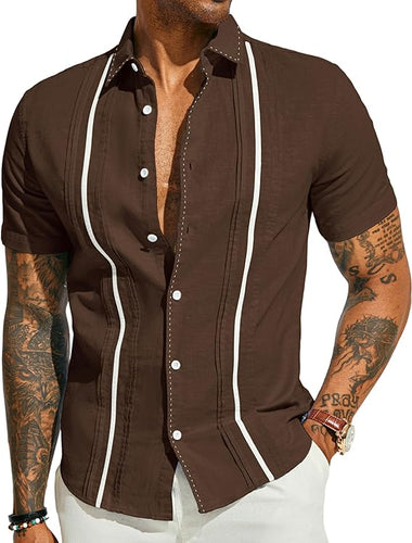 Men's Cuban Style Striped Short Sleeve Coffee Shirt