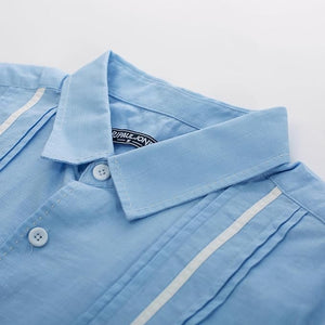 Men's Cuban Style Striped Short Sleeve Light Blue Shirt