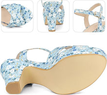 Load image into Gallery viewer, Blue Floral Platform Heel Sling Back Sandals